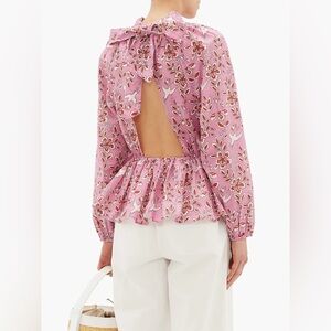 RHODE Pink Floral Open-Back Peplum Blouse with Bow